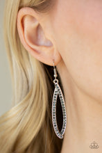 Load image into Gallery viewer, Encrusted in glittery smoky rhinestones, ribbons of silver delicately fold into an abstract teardrop for a classic look. Earring attaches to a standard fishhook fitting.  Sold as one pair of earrings. Always nickel and lead free.