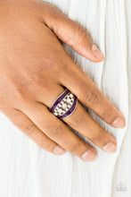 Load image into Gallery viewer, Glittery white rhinestones dance between two shiny purple bands, coalescing into a refined centerpiece. Features a stretchy band for a flexible fit.  Sold as one individual ring.  Always nickel and lead free!