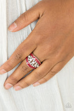 Load image into Gallery viewer, Glittery white rhinestones dance between two shiny red bands, coalescing into a refined centerpiece. Features a stretchy band for a flexible fit.  Sold as one individual ring.  Always nickel and lead free.