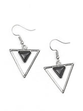 Load image into Gallery viewer, Chiseled into a dainty triangle, a black stone is pressed into the top of a triangular frame for an artisan inspired look. Earring attaches to a standard fishhook fitting.  Sold as one pair of earrings.