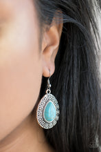 Load image into Gallery viewer, Chiseled into a tranquil teardrop, a refreshing turquoise stone is pressed into the center of a silver frame embossed in spiraling patterns for a tribal look. Earring attaches to a standard fishhook fitting.  Sold as one pair of earrings.  Always nickel and lead free.