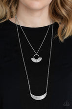 Load image into Gallery viewer, Radiating with linear patterns, a flared silver frame swings above a silver half-moon frame, creating tribal inspired layers below the collar. Features an adjustable clasp closure.  Sold as one individual necklace. Includes one pair of matching earrings.  Always nickel and lead free.