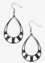 Load image into Gallery viewer, Sections of black rhinestone encrusted frames adorn the bottom of an ornate silver teardrop, creating a refined lure. Earring attaches to a standard fishhook fitting.  Sold as one pair of earrings.