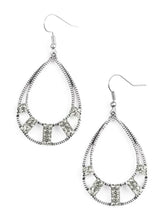 Load image into Gallery viewer, Sections of smoky rhinestone encrusted frames adorn the bottom of an ornate silver teardrop, creating a refined lure. Earring attaches to a standard fishhook fitting.  Sold as one pair of earrings.