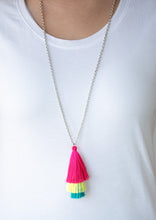 Load image into Gallery viewer, Featuring shimmery pink, yellow, and blue thread, a 3-tiered tassel swings from the bottom of a lengthened silver chain for a colorful, wanderlust vibe. Features an adjustable clasp closure.  Sold as one individual necklace. Includes one pair of matching earrings. 