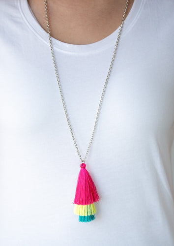 Featuring shimmery pink, yellow, and blue thread, a 3-tiered tassel swings from the bottom of a lengthened silver chain for a colorful, wanderlust vibe. Features an adjustable clasp closure.  Sold as one individual necklace. Includes one pair of matching earrings. 