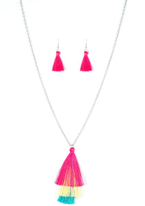 Featuring shimmery pink, yellow, and blue thread, a 3-tiered tassel swings from the bottom of a lengthened silver chain for a colorful, wanderlust vibe. Features an adjustable clasp closure.  Sold as one individual necklace. Includes one pair of matching earrings.