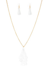 Load image into Gallery viewer, Featuring shimmery white thread, a 3-tiered tassel swings from the bottom of a lengthened gold chain for a colorful, wanderlust vibe. Features an adjustable clasp closure.  Sold as one individual necklace. Includes one pair of matching earrings.