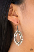 Load image into Gallery viewer, Featuring round and marquise style cuts, a collection of glassy white rhinestones spin into a double hoop frame for a statement making style. Earring attaches to a standard fishhook fitting.  Sold as one pair of earrings.  Always nickel and lead free. 