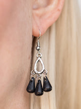 Load image into Gallery viewer, Chiseled into alluring teardrops, black stone beading trickles from the bottom of a dainty hammered frame, creating an earthy fringe. Earring attaches to a standard fishhook fitting.  Sold as one pair of earrings.