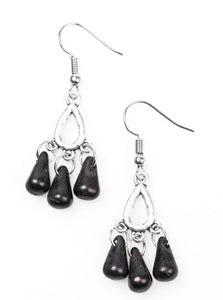 Chiseled into alluring teardrops, black stone beading trickles from the bottom of a dainty hammered frame, creating an earthy fringe. Earring attaches to a standard fishhook fitting.  Sold as one pair of earrings.