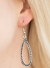 Load image into Gallery viewer, A glistening silver teardrop is encrusted in glittery black rhinestones for a timeless look. Earring attaches to a standard fishhook fitting.  Sold as one pair of earrings.