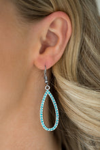 Load image into Gallery viewer, A glistening silver teardrop is encrusted in glittery blue rhinestones for a timeless look. Earring attaches to a standard fishhook fitting.  Sold as one pair of earrings.   Always nickel and lead free.