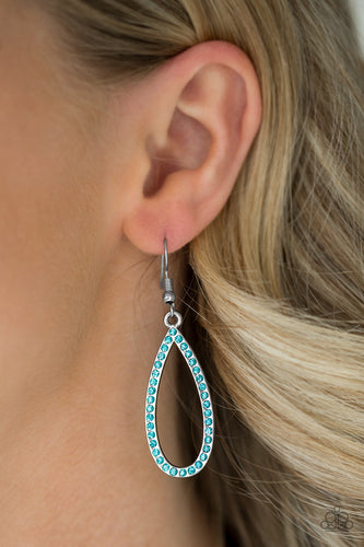 A glistening silver teardrop is encrusted in glittery blue rhinestones for a timeless look. Earring attaches to a standard fishhook fitting.  Sold as one pair of earrings.   Always nickel and lead free.