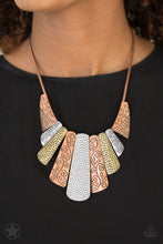 Load image into Gallery viewer, Copper, silver and brass plates featuring various hammered and filigreed textures fan out across the chest along a thick copper snake chain. The gorgeous tribal design falls gracefully below the collar into a dramatic statement piece. Features an adjustable clasp closure.  Sold as one individual necklace. Includes one pair of matching earrings.