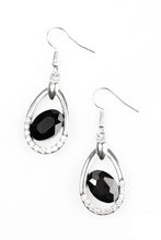Load image into Gallery viewer, As if dipped in glitter, the bottom of a silver teardrop frame is encrusted in sparkling white rhinestones. A faceted black gem sits off center in the middle of the frame for a regal finish. Earring attaches to a standard fishhook fitting.  Sold as one pair of earrings