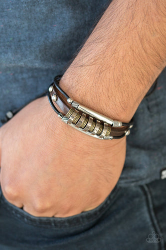 Mismatched mixed metallic accents slide along black and brown leather bands for a stacked rugged look. Features an adjustable sliding knot closure.  Sold as one individual bracelet.  Always nickel and lead free.