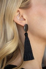 Load image into Gallery viewer, A plume of shiny black thread streams from the bottom of a glistening gunmetal frame, creating a dramatically tasseled look. Earring attaches to a standard post fitting.  Sold as one pair of post earrings.  Always nickel and lead free.