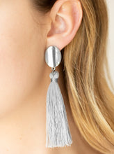 Load image into Gallery viewer, A plume of shiny gray thread streams from the bottom of a glistening gunmetal frame, creating a dramatically tasseled look. Earring attaches to a standard post fitting.  Sold as one pair of post earrings. 