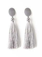Load image into Gallery viewer, A plume of shiny gray thread streams from the bottom of a glistening gunmetal frame, creating a dramatically tasseled look. Earring attaches to a standard post fitting.  Sold as one pair of post earrings. 