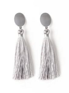 A plume of shiny gray thread streams from the bottom of a glistening gunmetal frame, creating a dramatically tasseled look. Earring attaches to a standard post fitting.  Sold as one pair of post earrings. 