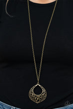 Load image into Gallery viewer, Brushed in an antiqued finish, studded brass vine-like filigree collects inside an abstract teardrop frame at the bottom of a lengthened brass chain for a whimsically rustic look. Features an adjustable clasp closure.  Sold as one individual necklace. Includes one pair of matching earrings.  Always nickel and lead free.