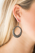 Load image into Gallery viewer, Thickening at the bottom, a glistening gunmetal frame is encrusted in row after row of smoky hematite rhinestones for a glamorous fashion. Earring attaches to a standard fishhook fitting.  Sold as one pair of earrings.  Always nickel and lead free.