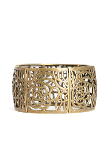  Filled with floral-like filigree, antiqued brass rectangular frames are threaded along stretchy bands around the wrist for a vintage inspired look.  Featured inside The Preview at ONE Life!   Sold as one individual bracelet. 