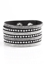 Load image into Gallery viewer, Shiny gold studs and rows of glittery white rhinestones are encrusted along strips of black suede, creating sassy shimmer around the wrist. Features an adjustable snap closure.  Sold as one individual bracelet.