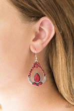 Load image into Gallery viewer, Varying in cut, faceted red beads are encrusted along an ornate silver teardrop frame for a whimsical look. Earring attaches to a standard fishhook fitting.  Sold as one pair of earrings.  Always nickel and lead free.