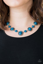 Load image into Gallery viewer, Featuring smooth and studded silver frames, refreshing blue beads link below the collar in a seasonal fashion. Features an adjustable clasp closure.  Sold as one individual necklace. Includes one pair of matching earrings.  Always nickel and lead free.