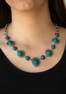 Featuring smooth and studded silver frames, refreshing blue and green beads link below the collar in a seasonal fashion. Features an adjustable clasp closure.  Sold as one individual necklace. Includes one pair of matching earrings. ,