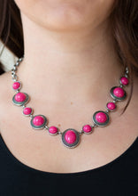 Load image into Gallery viewer, Featuring smooth and studded silver frames, vivacious pink beads link below the collar in a seasonal fashion. Features an adjustable clasp closure.  Sold as one individual necklace. Includes one pair of matching earrings.   