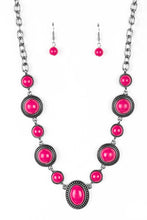 Load image into Gallery viewer, Featuring smooth and studded silver frames, vivacious pink beads link below the collar in a seasonal fashion. Features an adjustable clasp closure.  Sold as one individual necklace. Includes one pair of matching earrings.