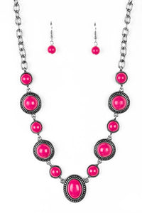Featuring smooth and studded silver frames, vivacious pink beads link below the collar in a seasonal fashion. Features an adjustable clasp closure.  Sold as one individual necklace. Includes one pair of matching earrings.