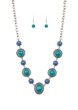 Load image into Gallery viewer, Featuring smooth and studded silver frames, refreshing blue and green beads link below the collar in a seasonal fashion. Features an adjustable clasp closure.  Sold as one individual necklace. Includes one pair of matching earrings.