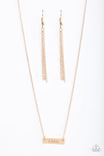 Load image into Gallery viewer, Stamped in the inspired word “faith,” a dainty gold plate hangs from a shimmery gold chain just below the collar for a causal look. Features an adjustable clasp closure.  Sold as one individual necklace. Includes one pair of matching earrings.