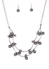 Load image into Gallery viewer, Cylindrical gunmetal beads and clusters of pearly gunmetal beads are threaded along invisible wires, creating bubbly layers below the collar for a refined look. Features an adjustable clasp closure.  Sold as one individual necklace. Includes one pair of matching earrings. 