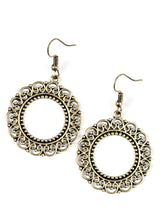 Load image into Gallery viewer, Brushed in an antiqued shimmer, frilly filigree dances along the outside of a brass hoop, creating a whimsical floral inspired lure. Earring attaches to a standard fishhook fitting.  Sold as one pair of earrings.