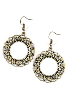 Brushed in an antiqued shimmer, frilly filigree dances along the outside of a brass hoop, creating a whimsical floral inspired lure. Earring attaches to a standard fishhook fitting.  Sold as one pair of earrings.