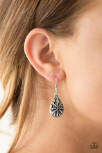 Load image into Gallery viewer, Brushed in an antiqued finish, shimmery silver filigree joins into a dainty teardrop frame for a whimsical look. Earring attaches to a standard fishhook fitting.  Sold as one pair of earrings.  Always nickel and lead free.