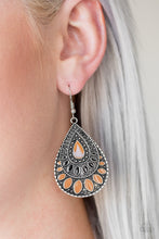 Load image into Gallery viewer, Painted in shiny Meerkat and black accents, an ornate silver teardrop drips from the ear for a wild look. Earring attaches to a standard fishhook fitting.  Sold as one pair of earrings.  Always nickel and lead free.