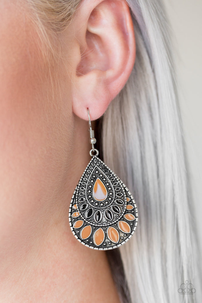 Painted in shiny Meerkat and black accents, an ornate silver teardrop drips from the ear for a wild look. Earring attaches to a standard fishhook fitting.  Sold as one pair of earrings.  Always nickel and lead free.