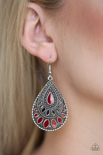 Painted in shiny red and black accents, an ornate silver teardrop drips from the ear for a wild look. Earring attaches to a standard fishhook fitting.  Sold as one pair of earrings.  Always nickel and lead free.