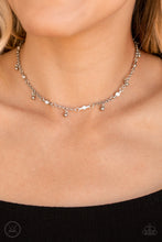 Load image into Gallery viewer, Featuring sleek fittings, dainty white rhinestones link with sections of shimmery silver chain around the neck. Shiny silver beads dangle from the chain for a flirtatious finish. Features an adjustable clasp closure.  Sold as one individual choker necklace. Includes one pair of matching earrings.   Always nickel and lead free.