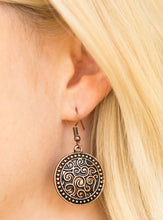 Load image into Gallery viewer, Brushed in an antiqued shimmer, a studded copper disc is embossed in vine-like filigree for a whimsical look. Earring attaches to a standard fishhook fitting.  Sold as one pair of earrings.