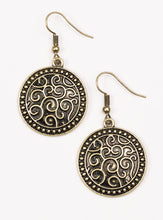 Load image into Gallery viewer, Brushed in an antiqued shimmer, a studded brass disc is embossed in vine-like filigree for a whimsical look. Earring attaches to a standard fishhook fitting.  Sold as one pair of earrings.