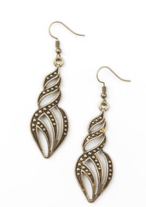 Dotted in glistening studs, antiqued brass ribbons swirl and swoop into a flame-like lure. Earring attaches to a standard fishhook fitting.  Sold as one pair of earrings.