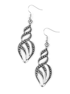 Dotted in glistening studs, antiqued silver ribbons swirl and swoop into a flame-like lure. Earring attaches to a standard fishhook fitting.  Sold as one pair of earrings.