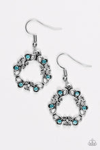 Load image into Gallery viewer, Glistening silver filigree joins into an airy wreath. Dainty blue rhinestones are sprinkled across the whimsical palette for a colorful finish. Earring attaches to a standard fishhook fitting.  Sold as one pair of earrings.  Always nickel and lead free.